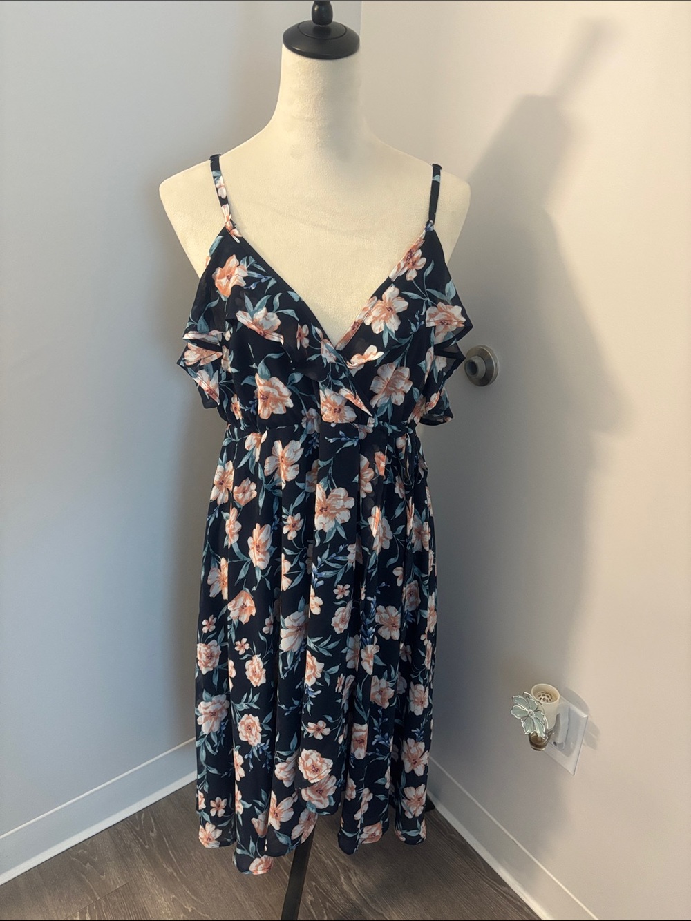 Torrid Navy Floral Ruffle Midi Dress with Spaghetti Straps